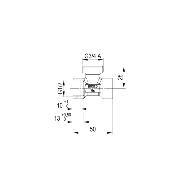T-Stück 1/2" — masszeichnung